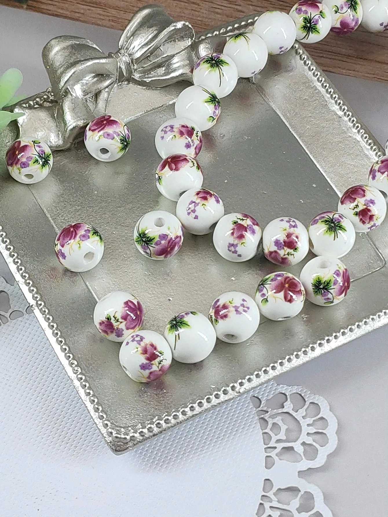 10pcs Floral Print Bead DIY Jewelry Accessories