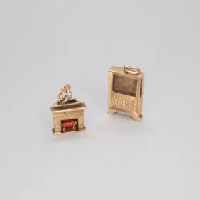 14K Vintage TV and Fireplace Charms