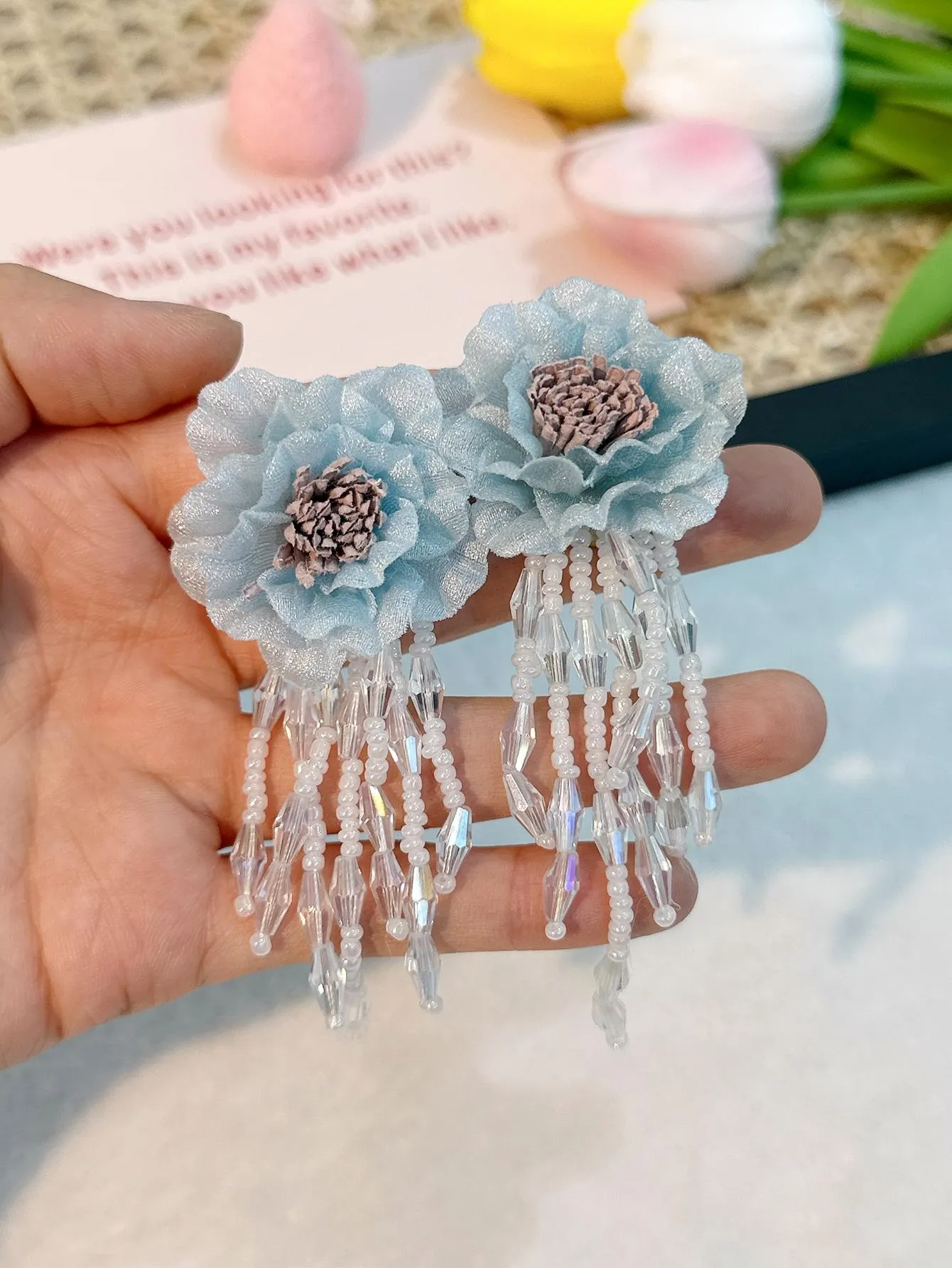 1pair Fashionable Flower Decor Bead Tassel Drop Earrings For Women For Daily Decoration