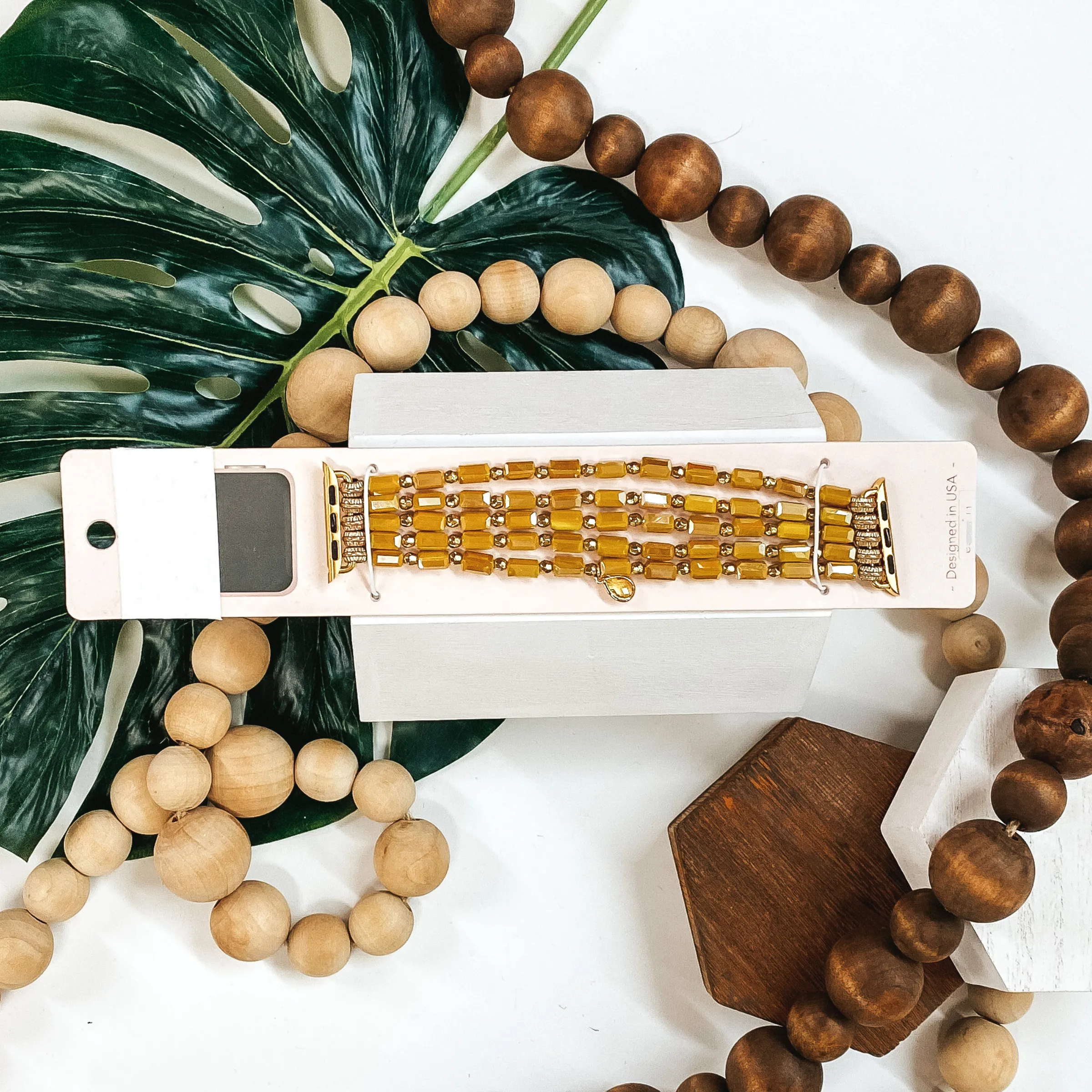 5 Strand Beaded Apple Watch Band in Mustard Yellow