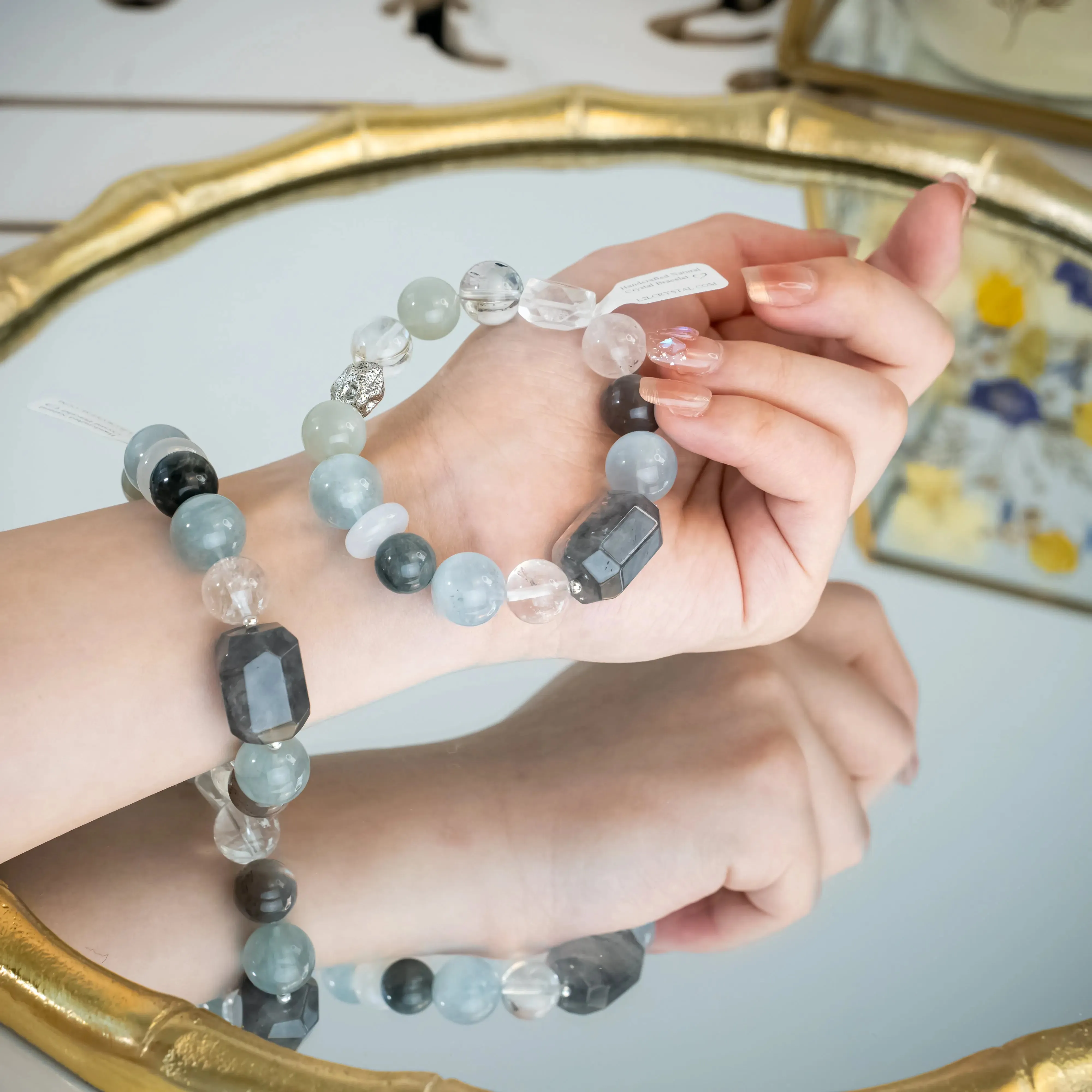 Aquamarine Silver Moonstone Rutilated Quartz Bracelet