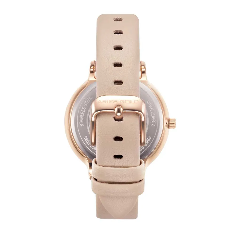 ARIES GOLD ENCHANT FLEUR ROSE GOLD STAINLESS STEEL L 5035 RG-GY LEATHER STRAP WOMEN'S WATCH