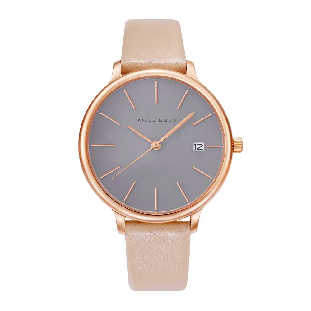 ARIES GOLD ENCHANT FLEUR ROSE GOLD STAINLESS STEEL L 5035 RG-GY LEATHER STRAP WOMEN'S WATCH