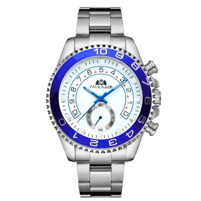 Automatic Self Wind Mechanical Stainless Steel Strap Casual Yellow Gold Silver Blue Bezel Master Business Men Watch