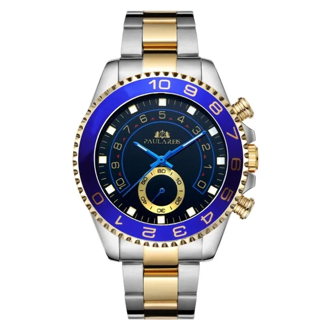 Automatic Self Wind Mechanical Stainless Steel Strap Casual Yellow Gold Silver Blue Bezel Master Business Men Watch