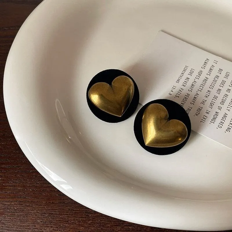 Big Black Round Gold Colour Heart Stud Earrings