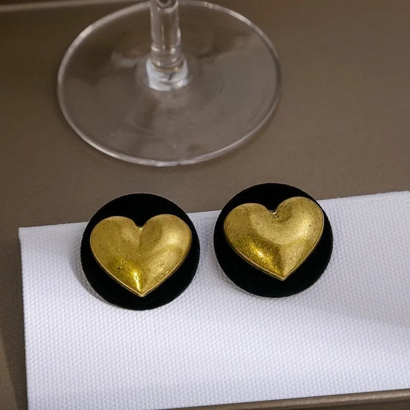 Big Black Round Gold Colour Heart Stud Earrings