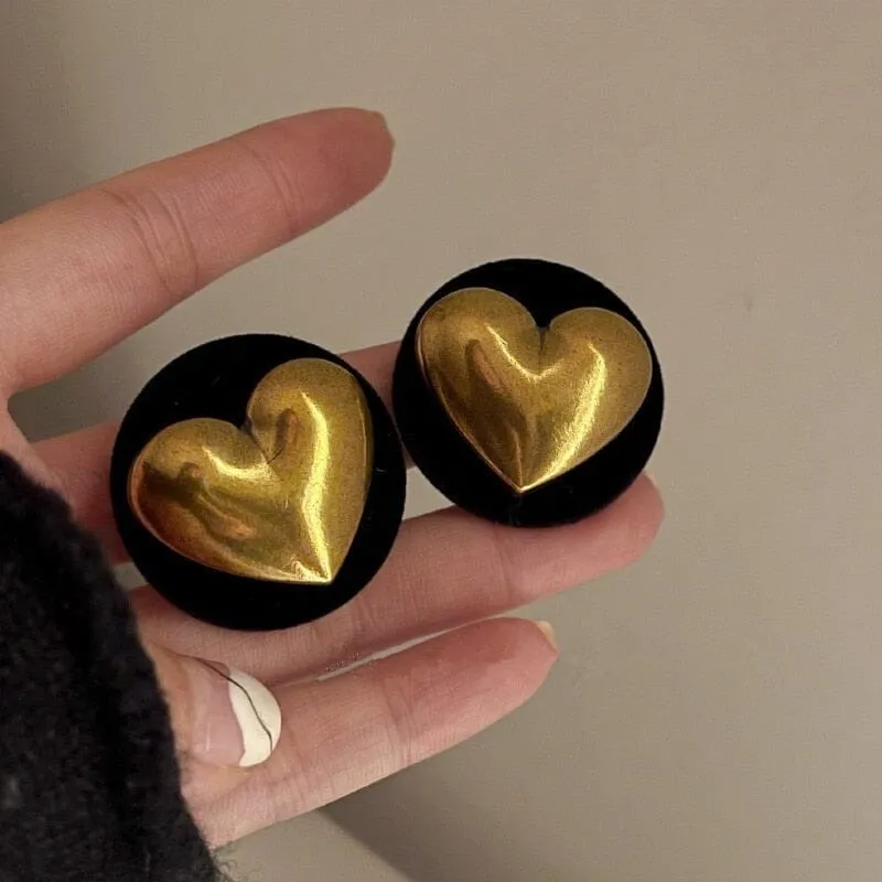 Big Black Round Gold Colour Heart Stud Earrings