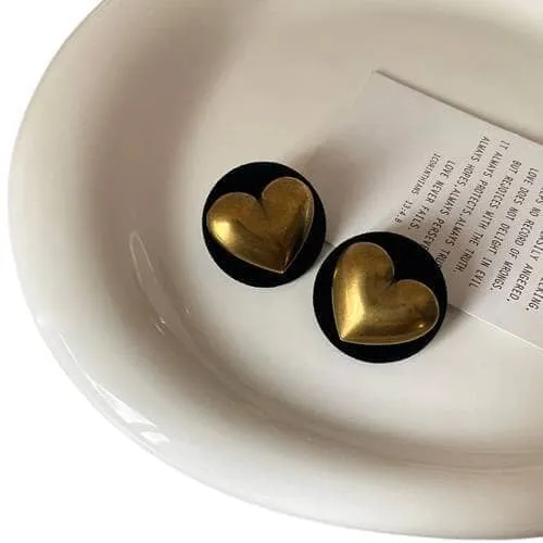 Big Black Round Gold Colour Heart Stud Earrings