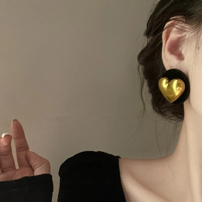 Big Black Round Gold Colour Heart Stud Earrings