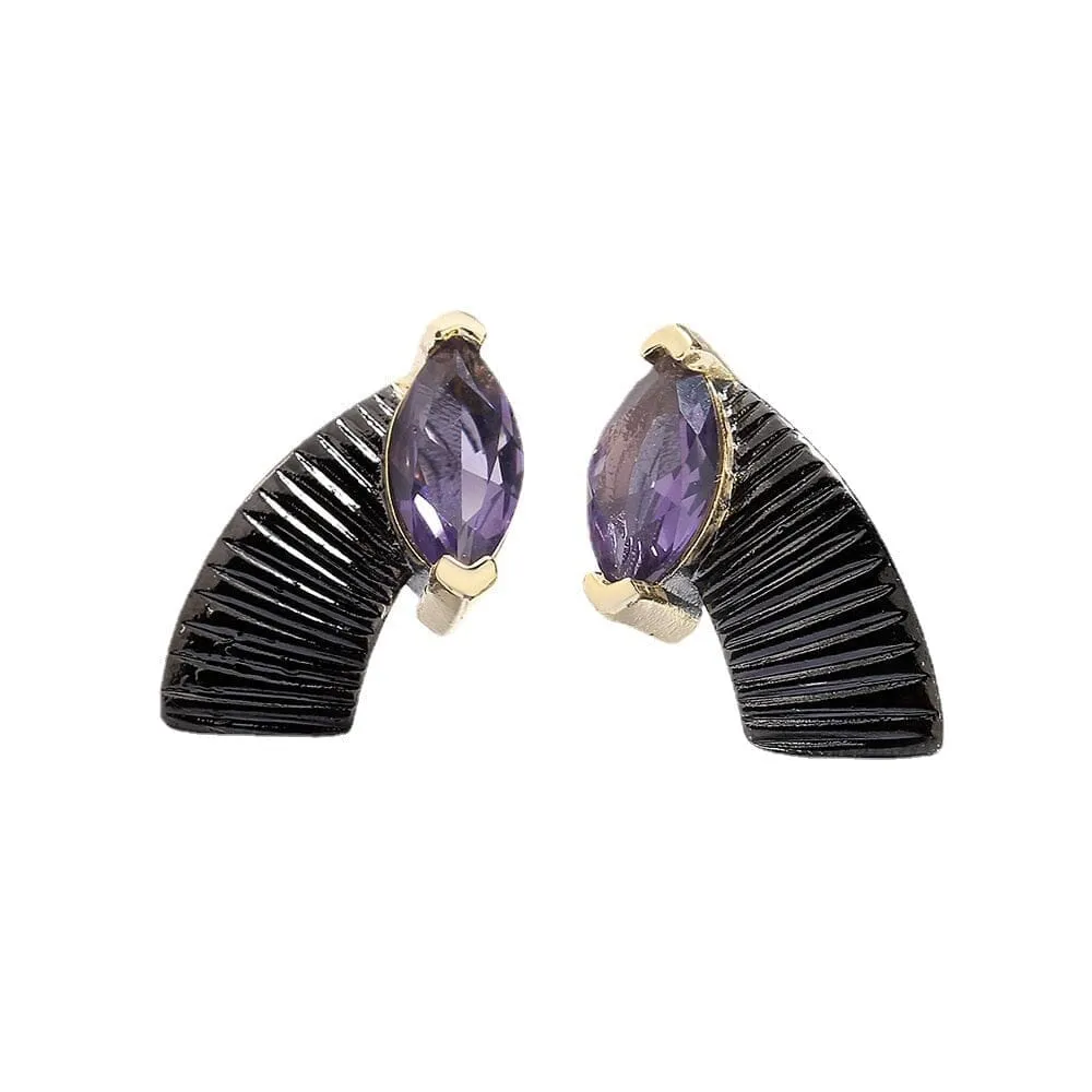 Black Gold Unique Amethyst Stud Earrings