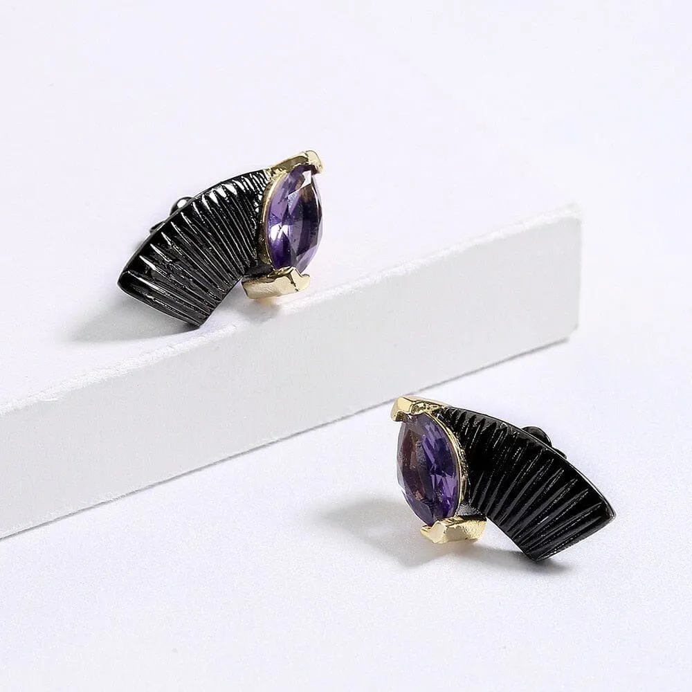 Black Gold Unique Amethyst Stud Earrings