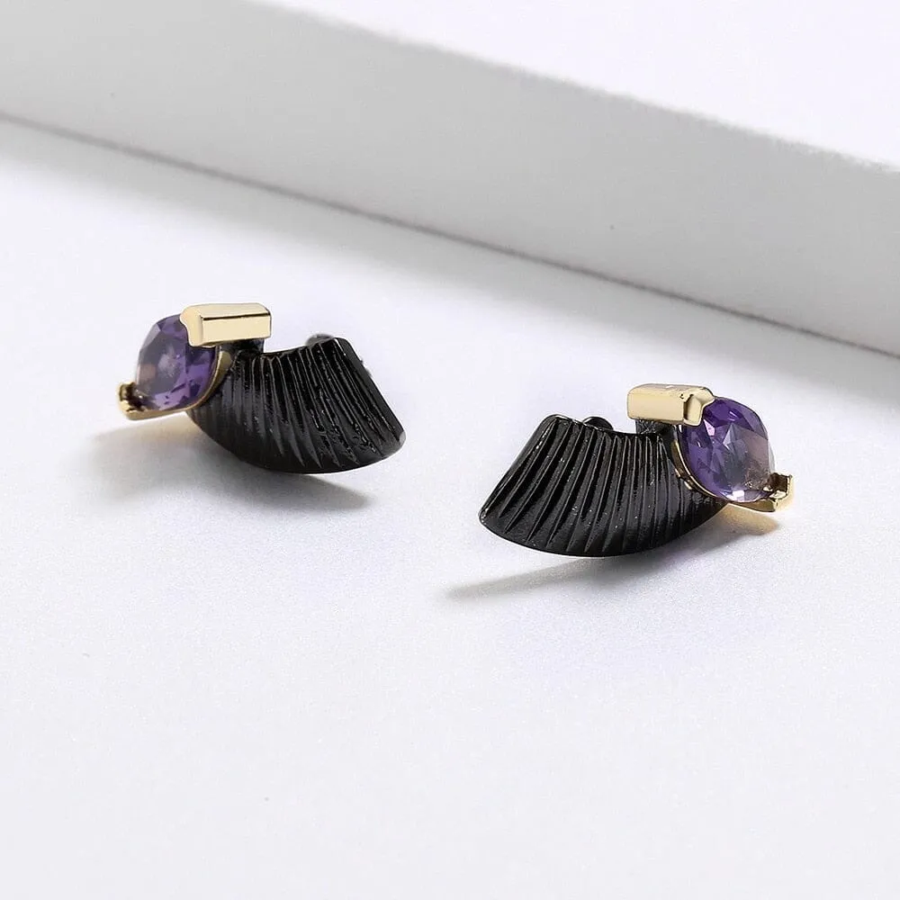 Black Gold Unique Amethyst Stud Earrings