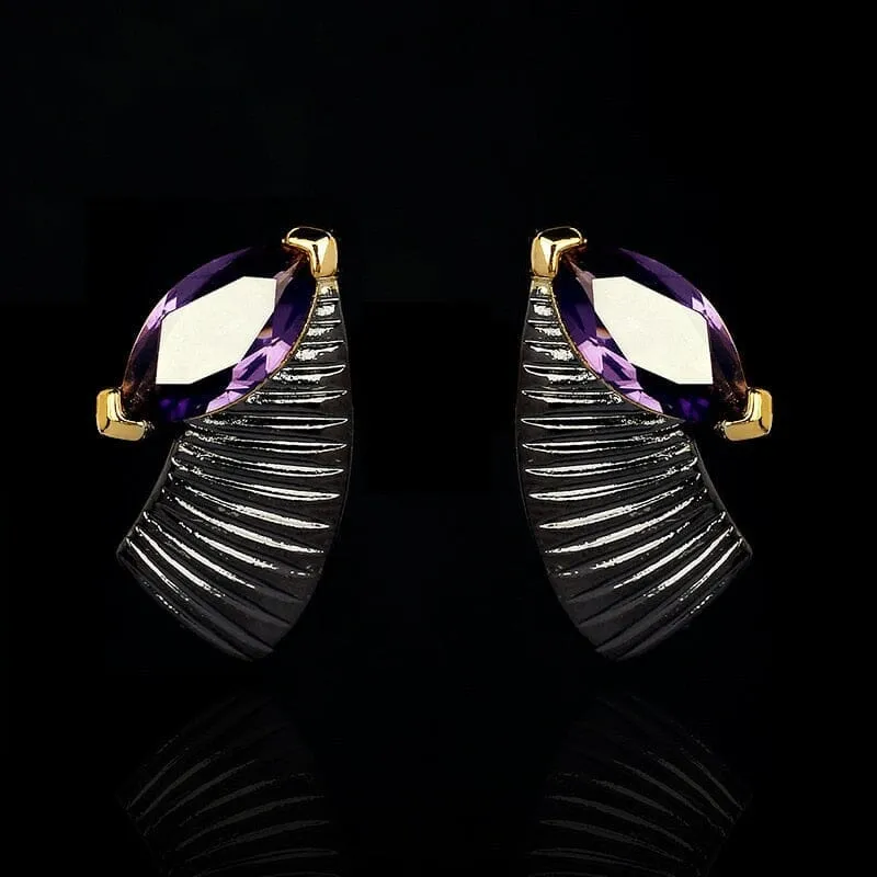 Black Gold Unique Amethyst Stud Earrings