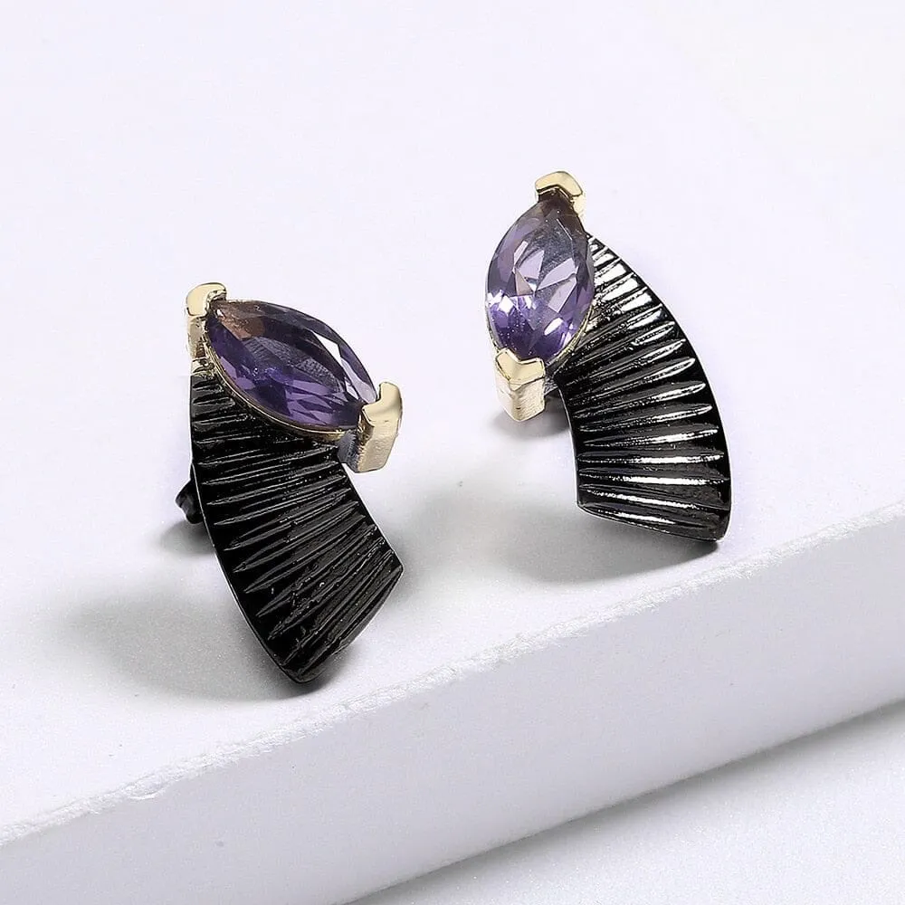 Black Gold Unique Amethyst Stud Earrings