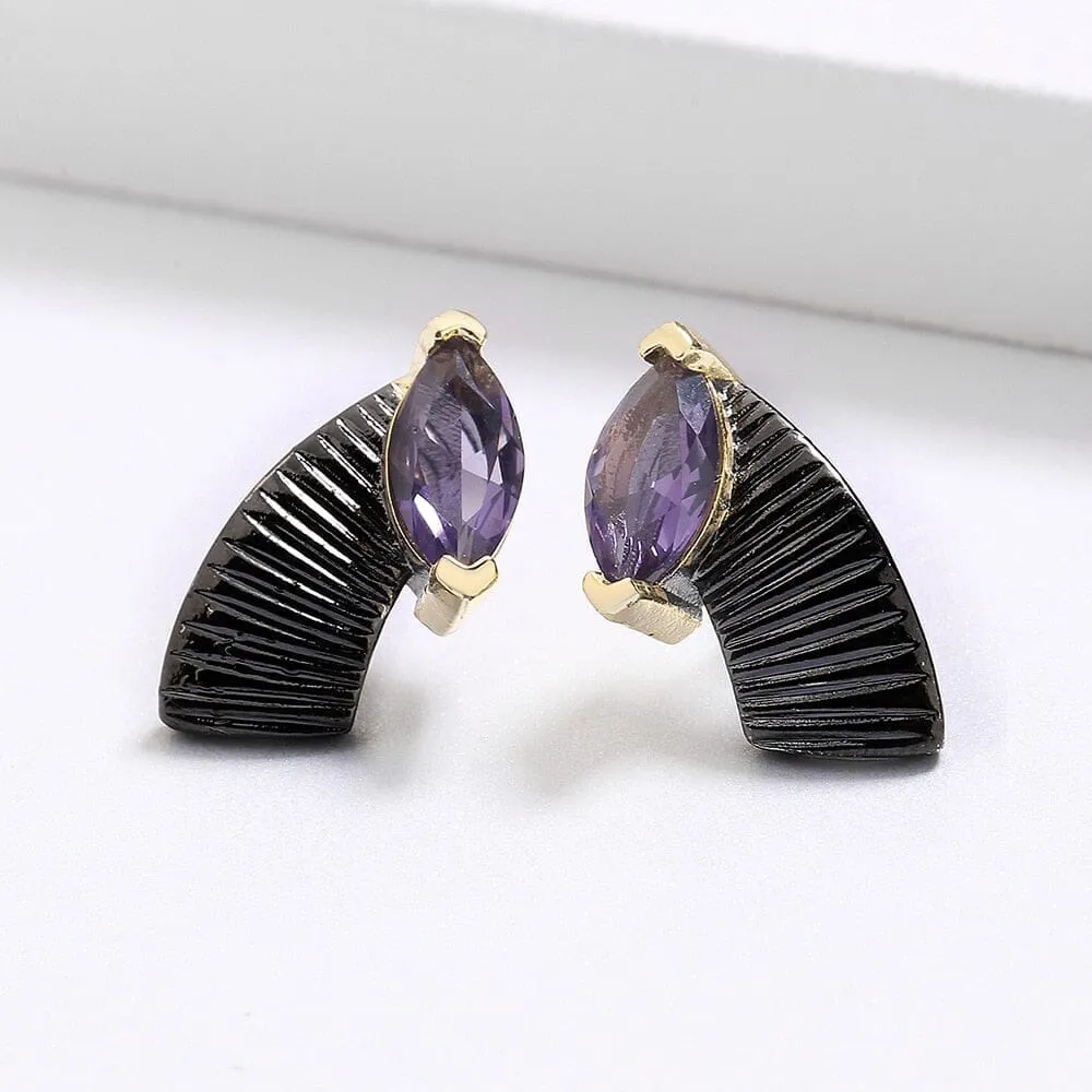 Black Gold Unique Amethyst Stud Earrings