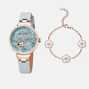 BLUE CHERRY BLOSSOM 36MM AUTOMATIC WATCH & ROSEGOLD BRACELET & WHITE CERAMIC