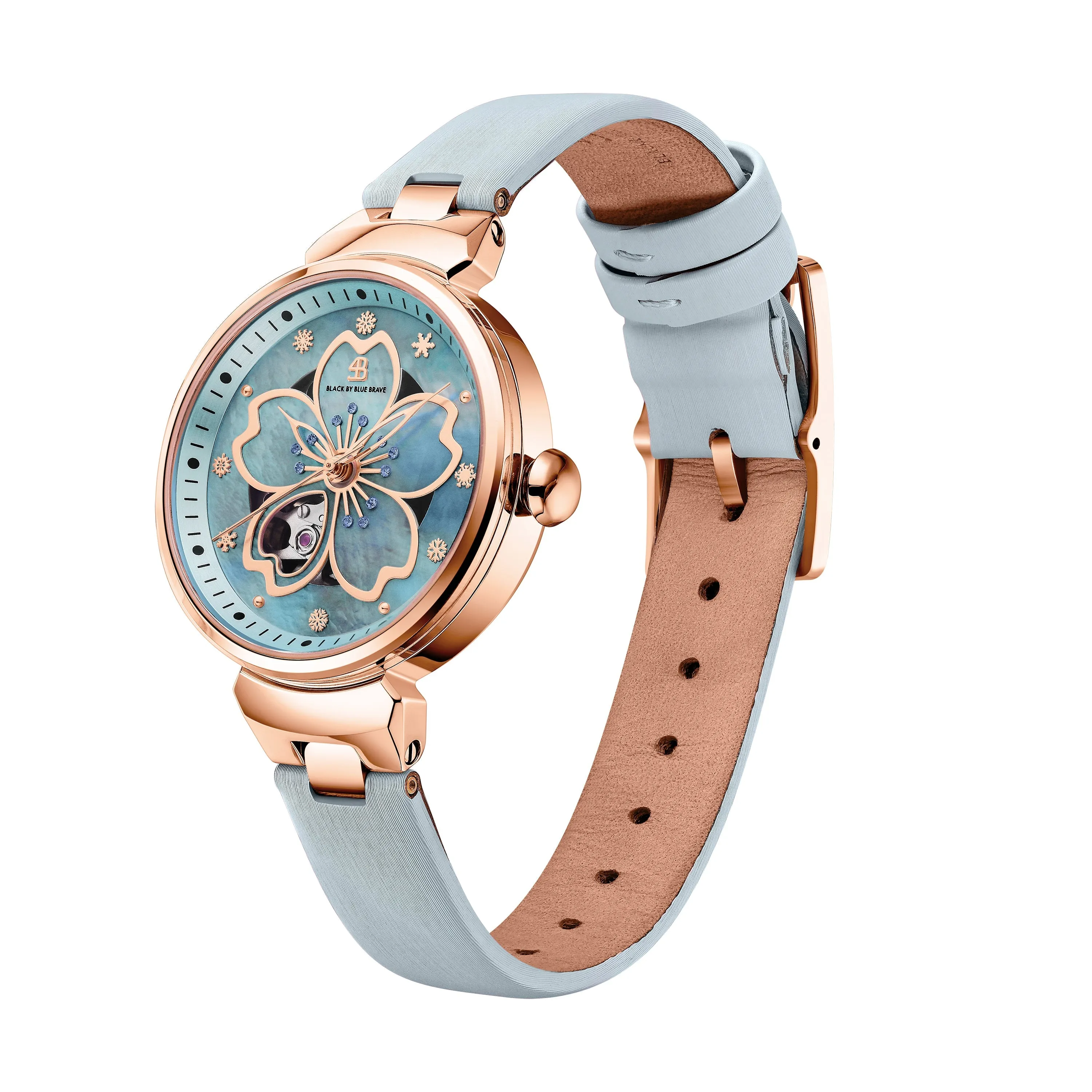 BLUE CHERRY BLOSSOM 36MM AUTOMATIC WATCH & ROSEGOLD BRACELET & WHITE CERAMIC