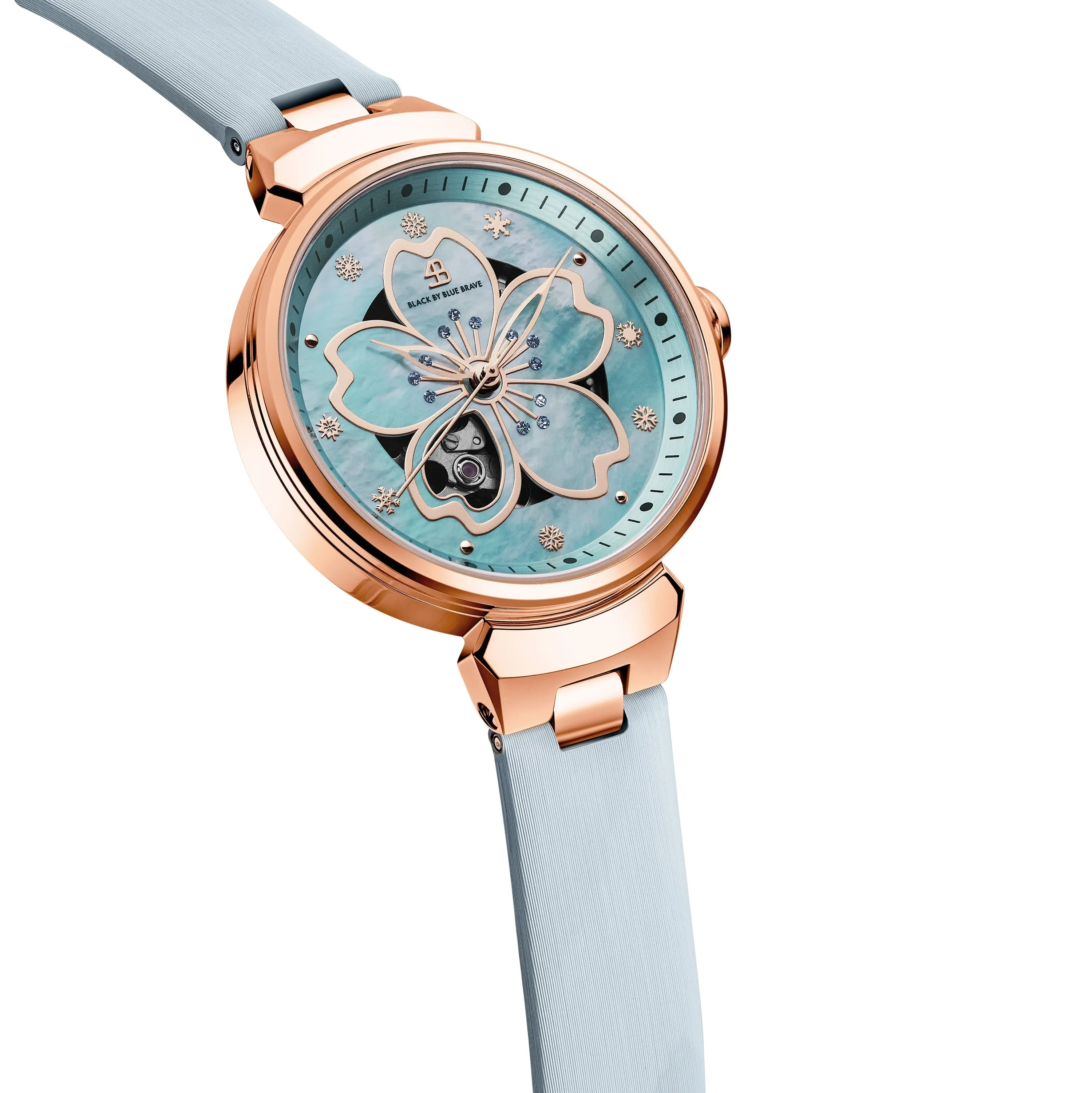 BLUE CHERRY BLOSSOM 36MM AUTOMATIC WATCH & ROSEGOLD FLOWER EARRINGS & WHITE CERAMIC