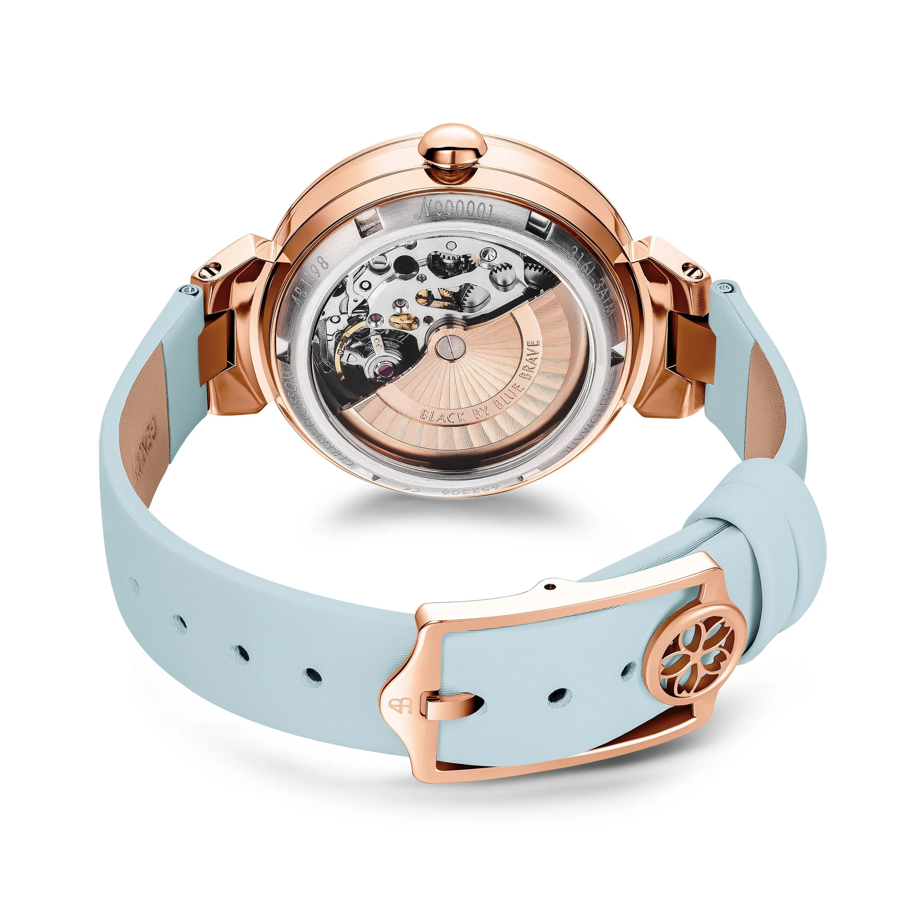 BLUE CHERRY BLOSSOM 36MM AUTOMATIC WATCH & ROSEGOLD FLOWER EARRINGS & WHITE CERAMIC