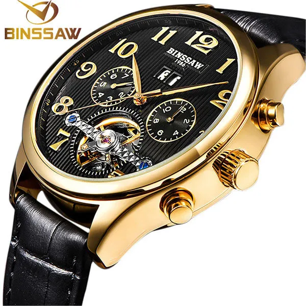 Brand Mens Luxury Watches Gold Leather Wrist Watch