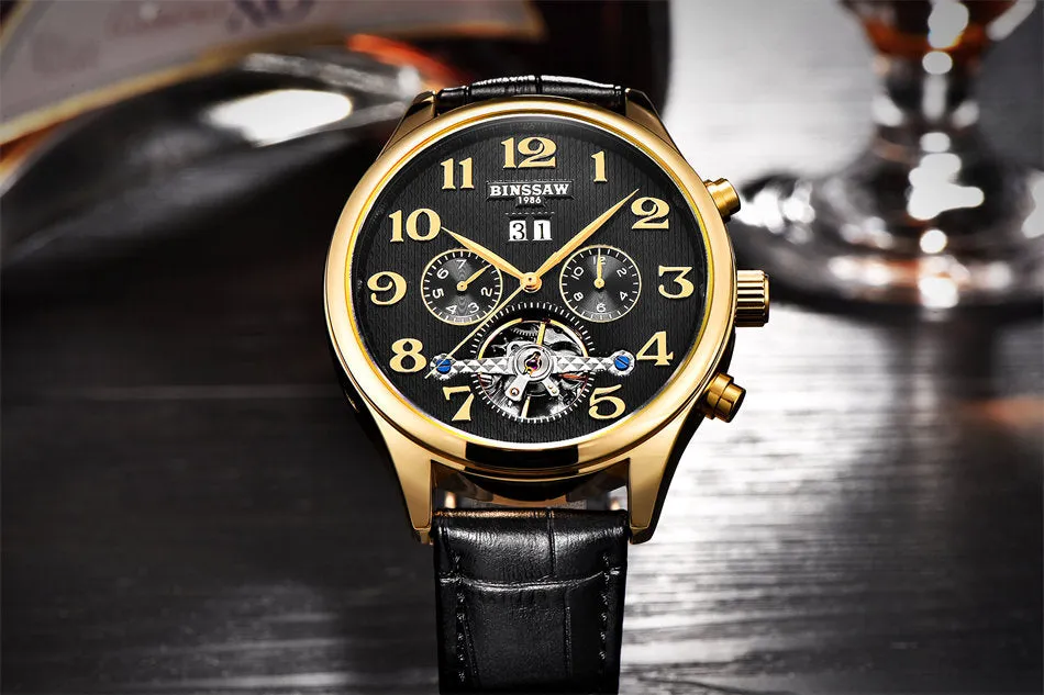 Brand Mens Luxury Watches Gold Leather Wrist Watch