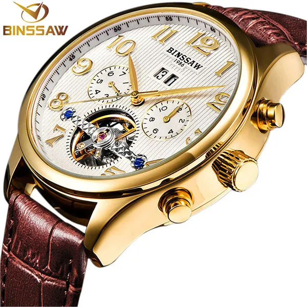 Brand Mens Luxury Watches Gold Leather Wrist Watch