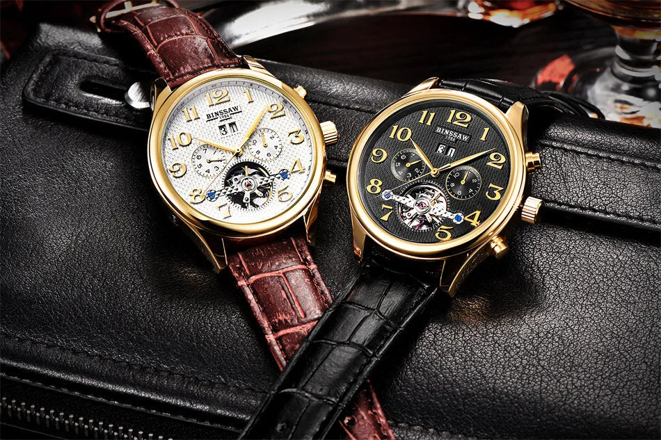 Brand Mens Luxury Watches Gold Leather Wrist Watch