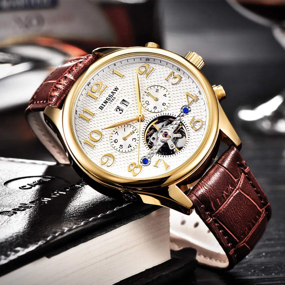 Brand Mens Luxury Watches Gold Leather Wrist Watch