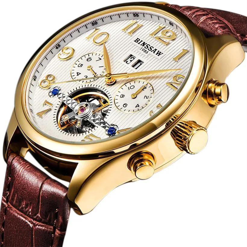 Brand Mens Luxury Watches Gold Leather Wrist Watch