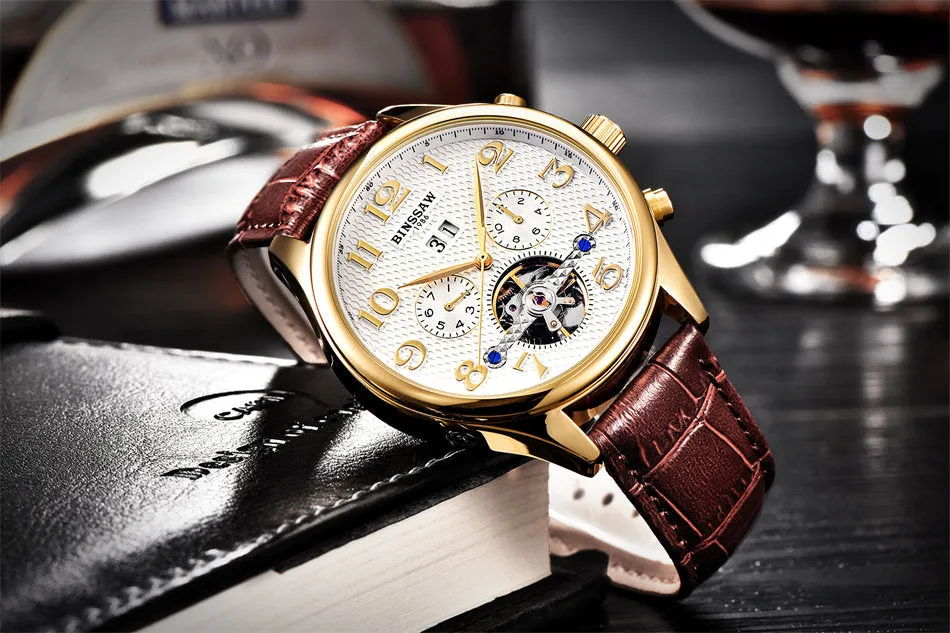 Brand Mens Luxury Watches Gold Leather Wrist Watch