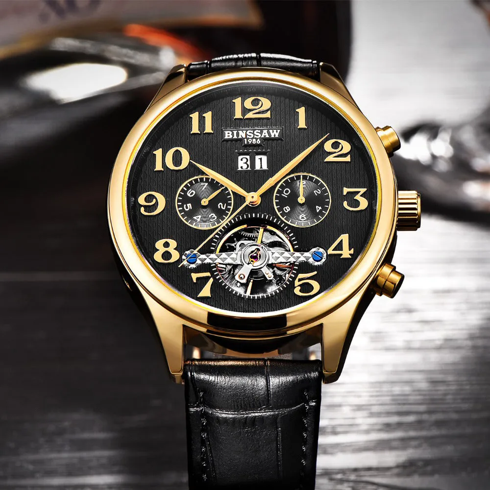 Brand Mens Luxury Watches Gold Leather Wrist Watch