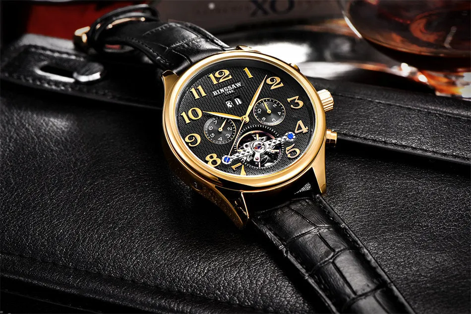 Brand Mens Luxury Watches Gold Leather Wrist Watch