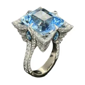 Bridal Big Square Aquamarine Crystal Wedding Ring