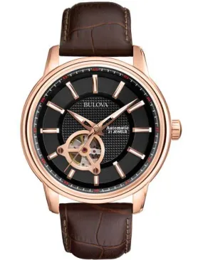 Bulova Mens Automatic - Black Dial with Rose Gold-Tone Case - Leather Strap