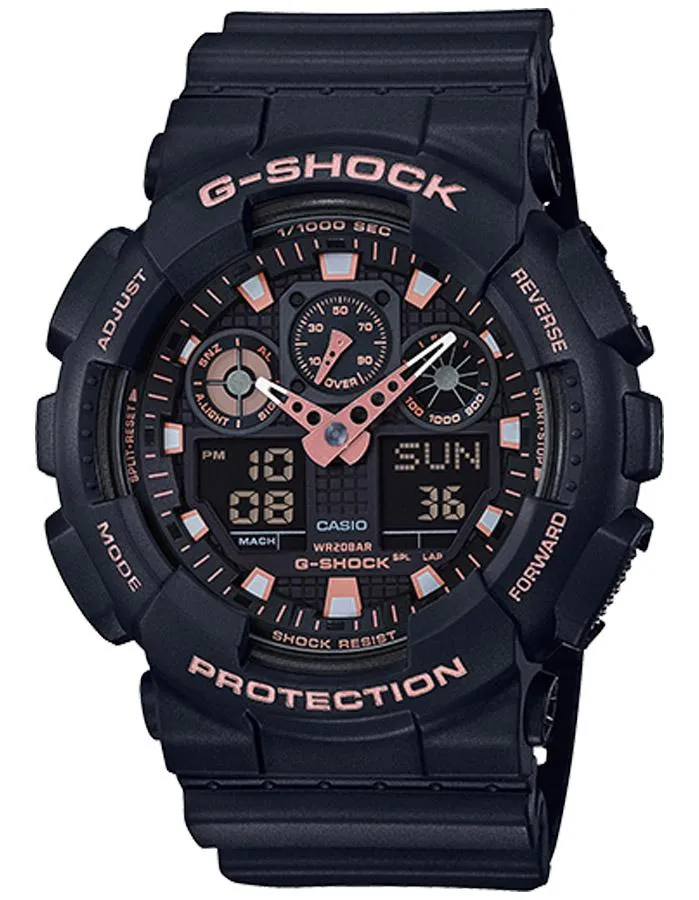 Casio G-Shock GA100 Mens - Digital/Analog - Black - Rose Gold-Tone Accents - 200