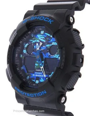 Casio Mens G-Shock Ana-Digi - Black Case & Rubber Strap - Blue Camo Dial