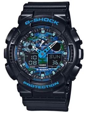 Casio Mens G-Shock Ana-Digi - Black Case & Rubber Strap - Blue Camo Dial