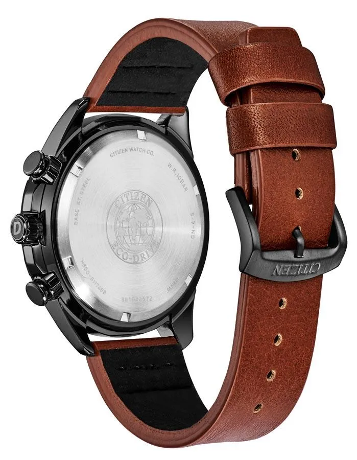 Citizen DRIVE AR Mens Chronograph - Dark Gray - Date - Black Dial -Brown Leather