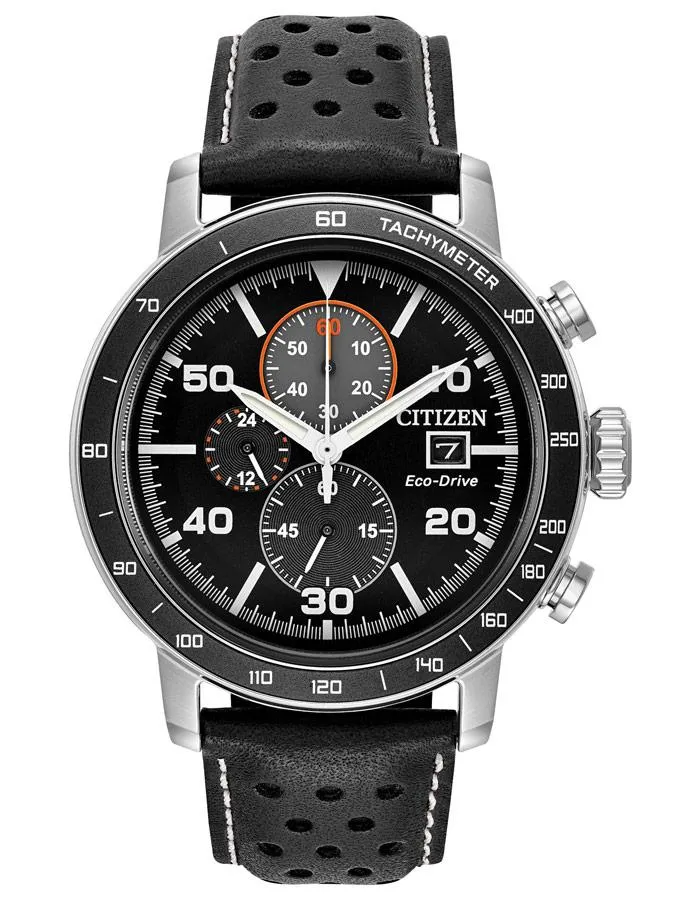 Citizen Eco-Drive Brycen Chronograph - Black Dial - Black Leather Strap - Date