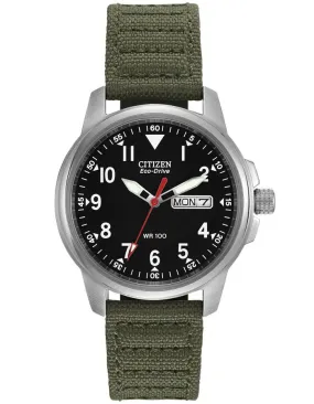 Citizen Eco-Drive Chandler -  Day & Date - Black Face - Olive Canvas Strap