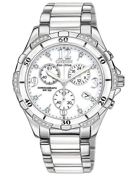 Citizen Eco-Drive Ladies 32 Diamond Chronograph - Stainless and White Ceramic