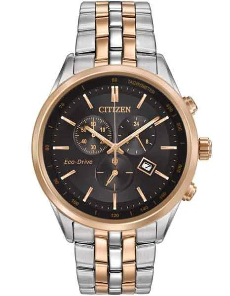 Citizen Eco-Drive Mens Dress Chrono - Rose Gold & Stainless Case - Black Dial