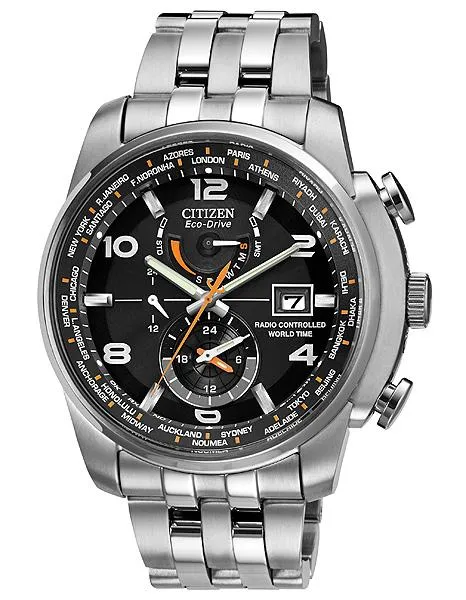 Citizen Eco-Drive Mens World Time AT - Black Dial - Steel Case & Bracelet - Date