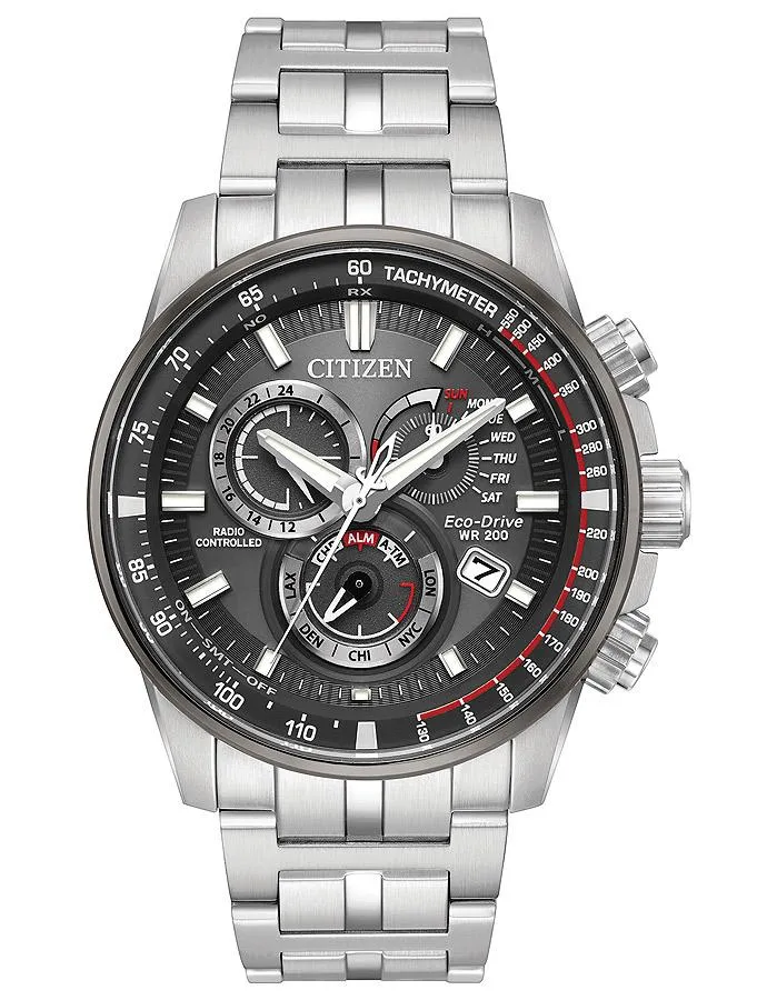 Citizen Eco-Drive Perpetual Chrono AT - Stainless - Dark Gray & Red - Bracelet