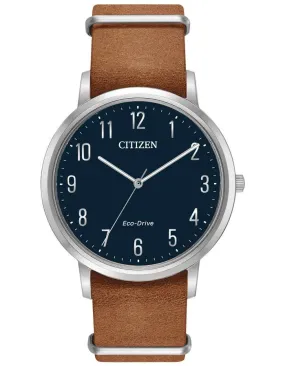 Citizen Mens Chandler Eco-Drive Watch -  Navy Blue Dial - Leather Strap - 50m