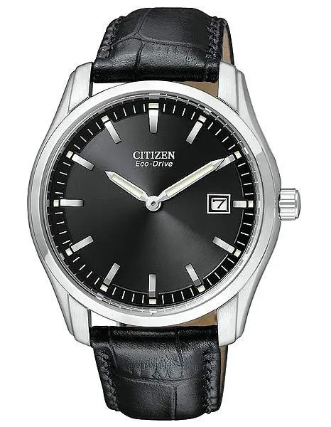 Citizen Mens Eco-Drive - Black Dial - Black Leather Strap - Stainless - Date