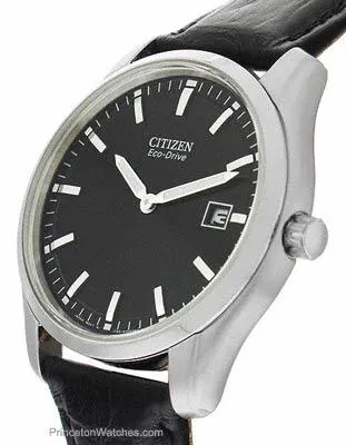 Citizen Mens Eco-Drive - Black Dial - Black Leather Strap - Stainless - Date