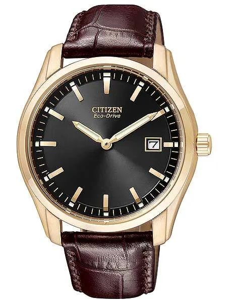 Citizen Mens Eco-Drive - Black Dial - Brown Leather Strap - Rose Gold-Tone