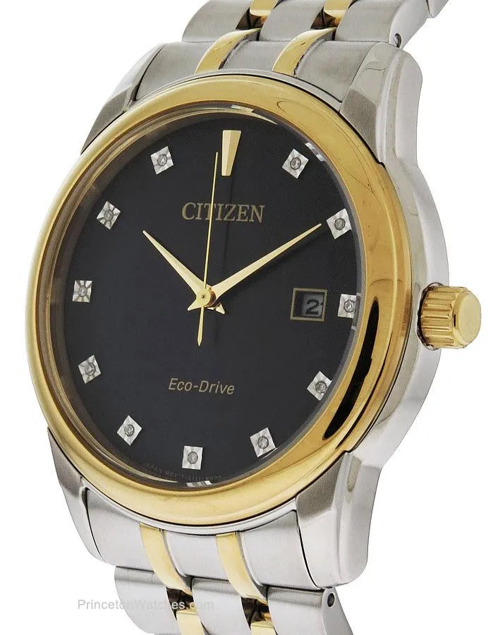 Citizen Mens Eco-Drive Diamond Watch - Two Tone - Black Dial - Bracelet - Date